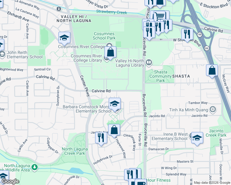 map of restaurants, bars, coffee shops, grocery stores, and more near 6846 Calvine Road in Sacramento