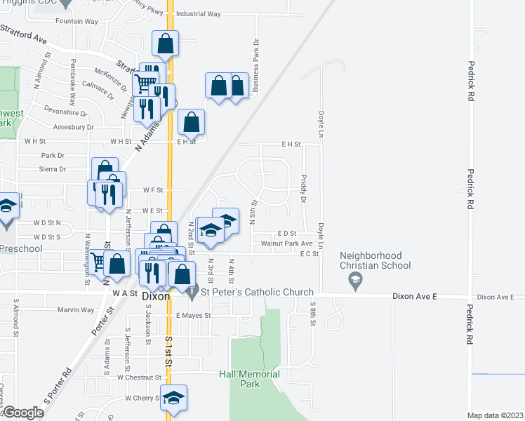 map of restaurants, bars, coffee shops, grocery stores, and more near 475 Miller Court in Dixon