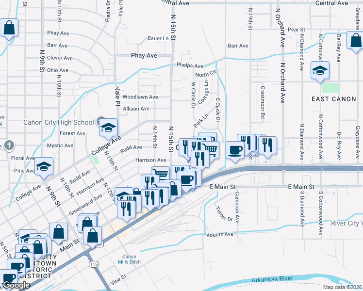 map of restaurants, bars, coffee shops, grocery stores, and more near 1528 Franklin Ave in Cañon City