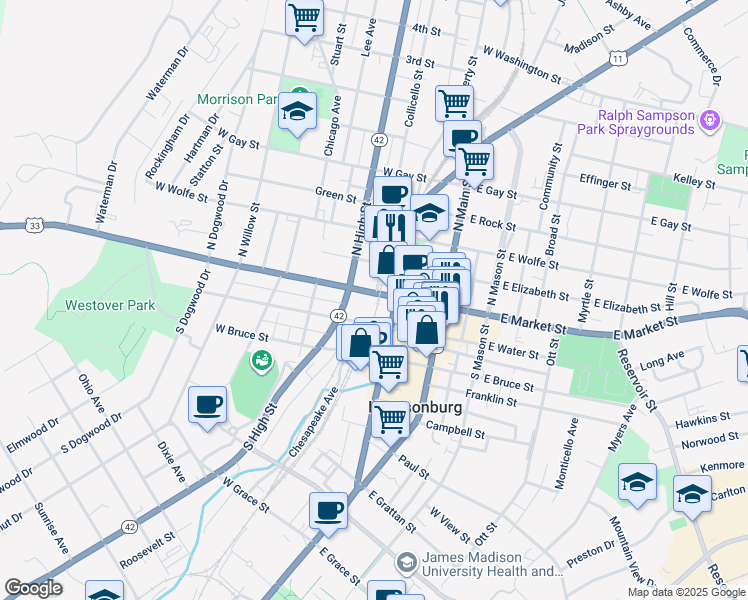 map of restaurants, bars, coffee shops, grocery stores, and more near in Harrisonburg