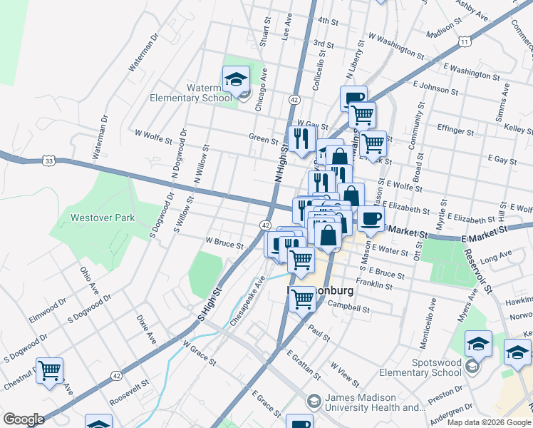 map of restaurants, bars, coffee shops, grocery stores, and more near 47 South High Street in Harrisonburg
