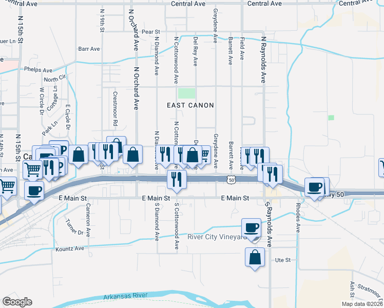 map of restaurants, bars, coffee shops, grocery stores, and more near 237 Del Rey Avenue in Cañon City