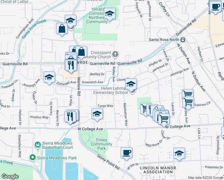 map of restaurants, bars, coffee shops, grocery stores, and more near 1537 Ridley Avenue in Santa Rosa