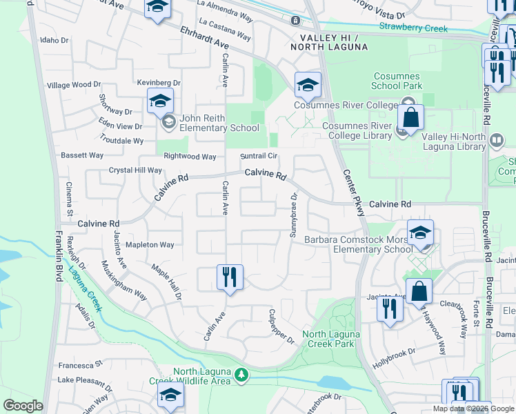 map of restaurants, bars, coffee shops, grocery stores, and more near 6056 Dayburst Way in Sacramento