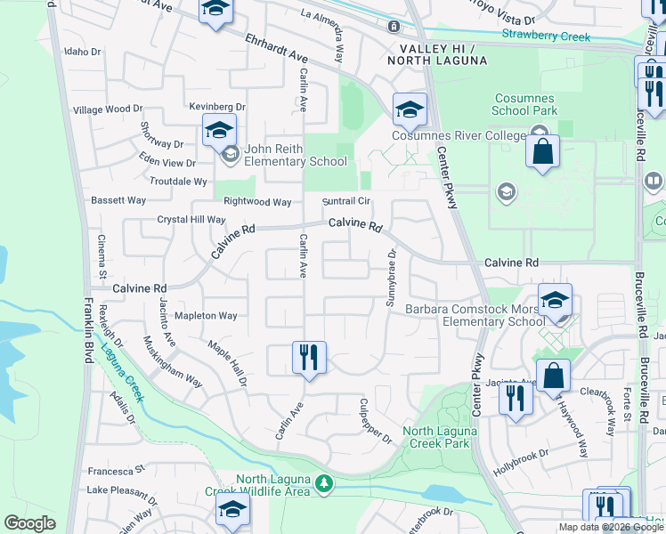 map of restaurants, bars, coffee shops, grocery stores, and more near 6056 Dayburst Way in Sacramento