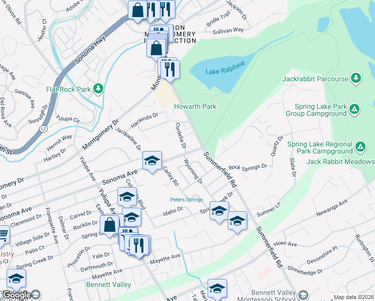 map of restaurants, bars, coffee shops, grocery stores, and more near 650 Cordelia Drive in Santa Rosa