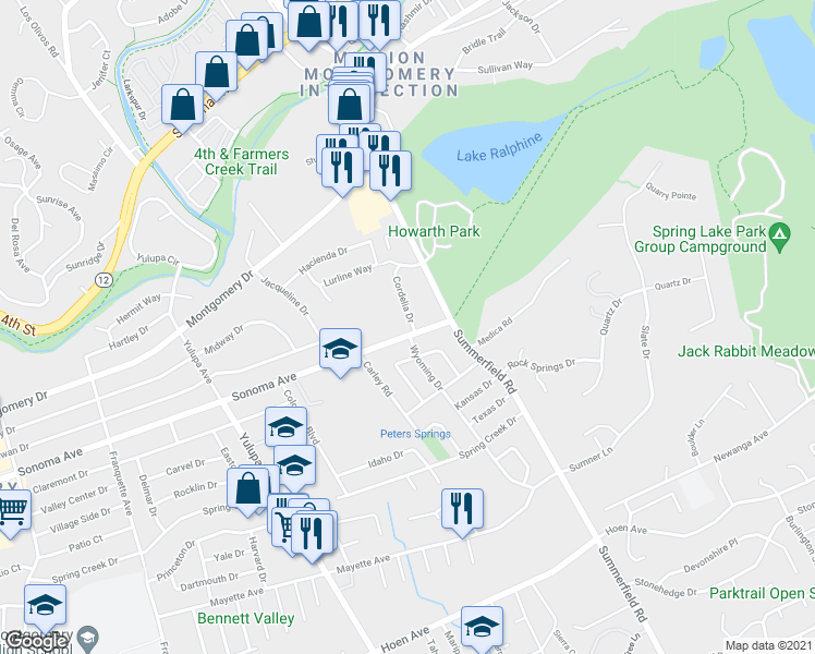 map of restaurants, bars, coffee shops, grocery stores, and more near 650 Cordelia Drive in Santa Rosa
