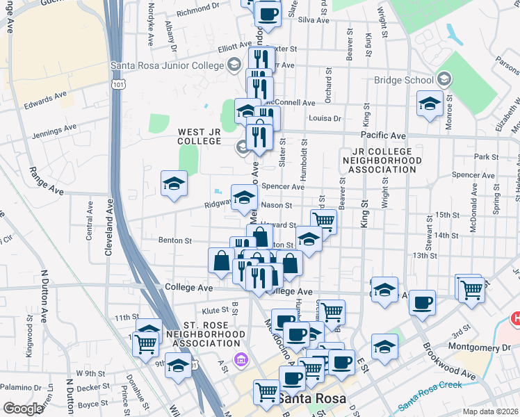 map of restaurants, bars, coffee shops, grocery stores, and more near 528 Nason Street in Santa Rosa