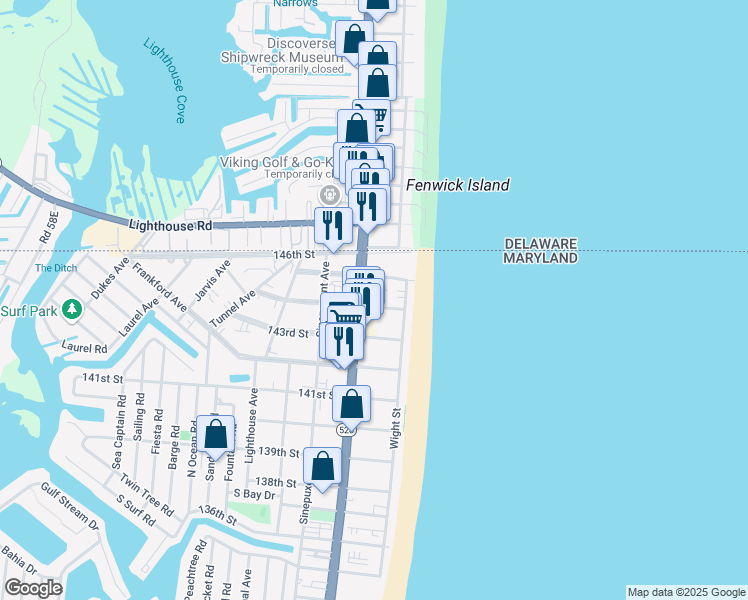 map of restaurants, bars, coffee shops, grocery stores, and more near 14400 Coastal Highway in Ocean City
