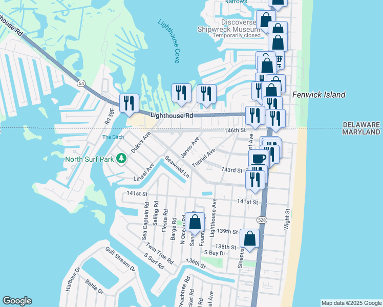 map of restaurants, bars, coffee shops, grocery stores, and more near 14400 McCabe Avenue in Ocean City