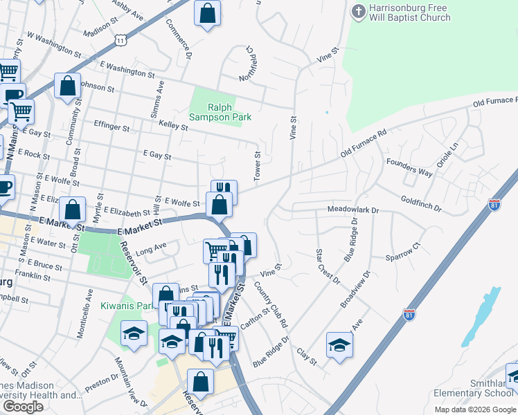 map of restaurants, bars, coffee shops, grocery stores, and more near in Harrisonburg