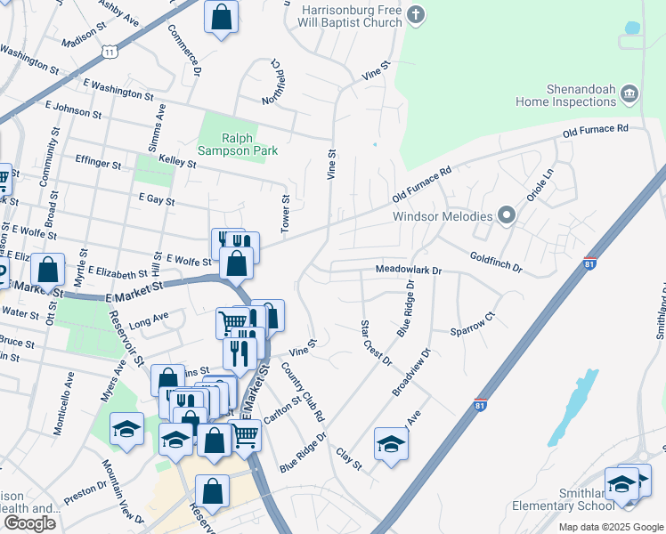 map of restaurants, bars, coffee shops, grocery stores, and more near 906 Meadowlark Drive in Harrisonburg