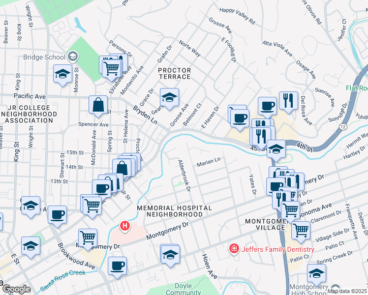 map of restaurants, bars, coffee shops, grocery stores, and more near 113 Sherwood Drive in Santa Rosa