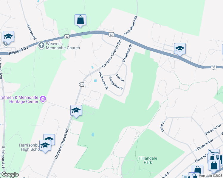 map of restaurants, bars, coffee shops, grocery stores, and more near 1748 Park Lawn Drive in Harrisonburg