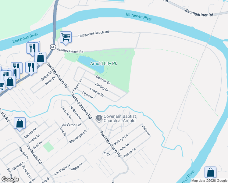 map of restaurants, bars, coffee shops, grocery stores, and more near 2334 Boeing Drive in Arnold
