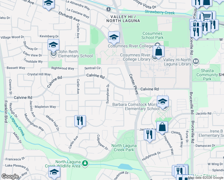 map of restaurants, bars, coffee shops, grocery stores, and more near 8484 Hermitage Way in Sacramento