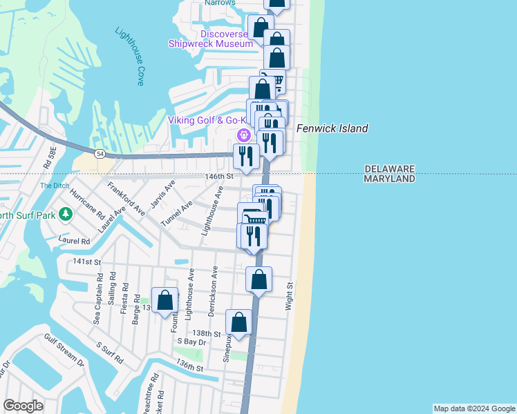map of restaurants, bars, coffee shops, grocery stores, and more near 14401 Coastal Highway in Ocean City