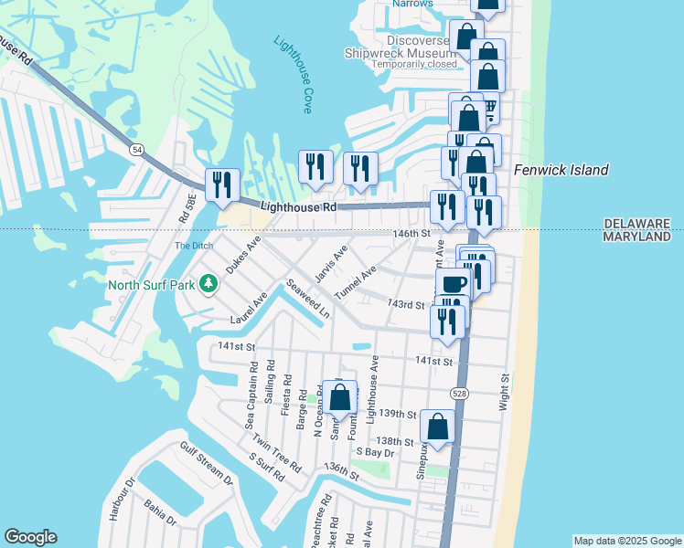map of restaurants, bars, coffee shops, grocery stores, and more near 14400 McCabe Avenue in Ocean City