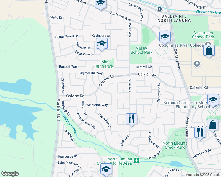 map of restaurants, bars, coffee shops, grocery stores, and more near 8450 Montpelier Way in Sacramento