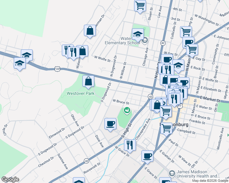 map of restaurants, bars, coffee shops, grocery stores, and more near 473 West Water Street in Harrisonburg