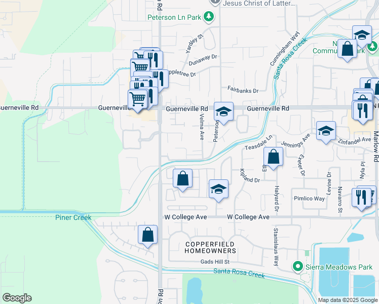 map of restaurants, bars, coffee shops, grocery stores, and more near 1359 Orsolini Place in Santa Rosa