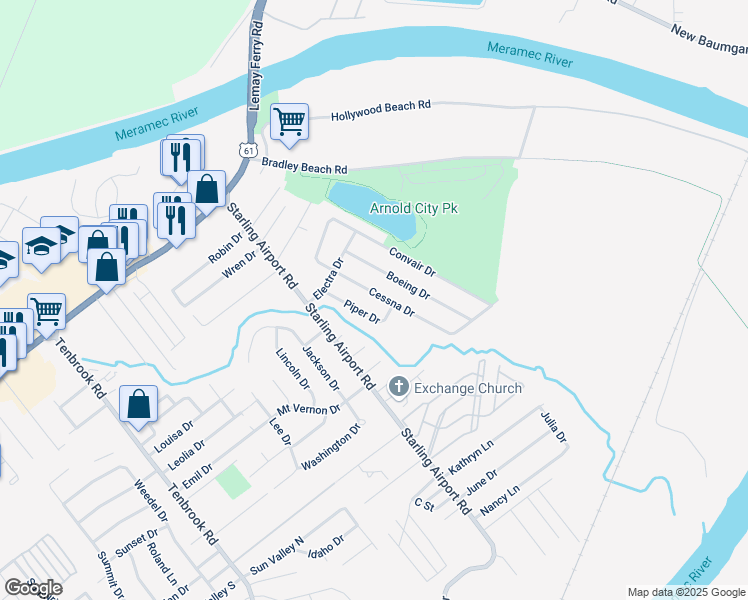 map of restaurants, bars, coffee shops, grocery stores, and more near 2283 Cessna Drive in Arnold