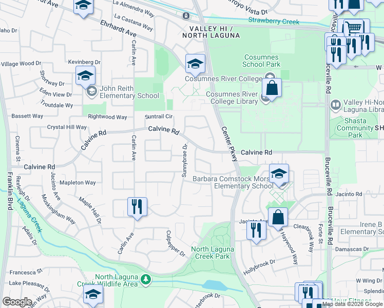 map of restaurants, bars, coffee shops, grocery stores, and more near 8484 Hermitage Way in Sacramento