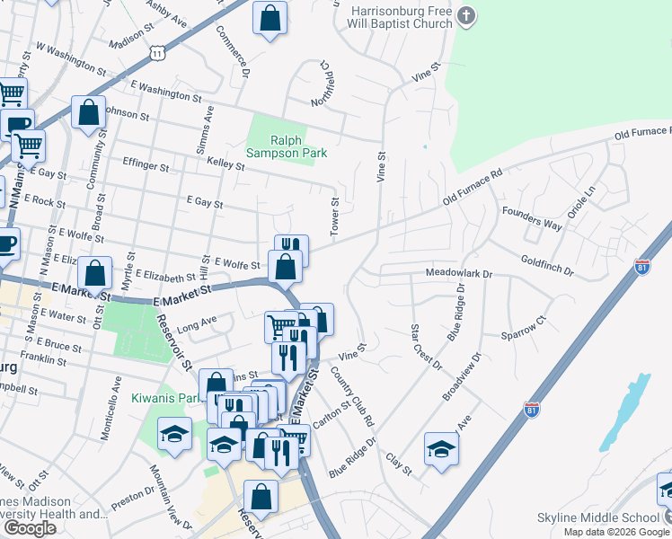 map of restaurants, bars, coffee shops, grocery stores, and more near in Harrisonburg