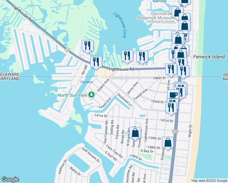 map of restaurants, bars, coffee shops, grocery stores, and more near 14201 Laurel Avenue in Ocean City