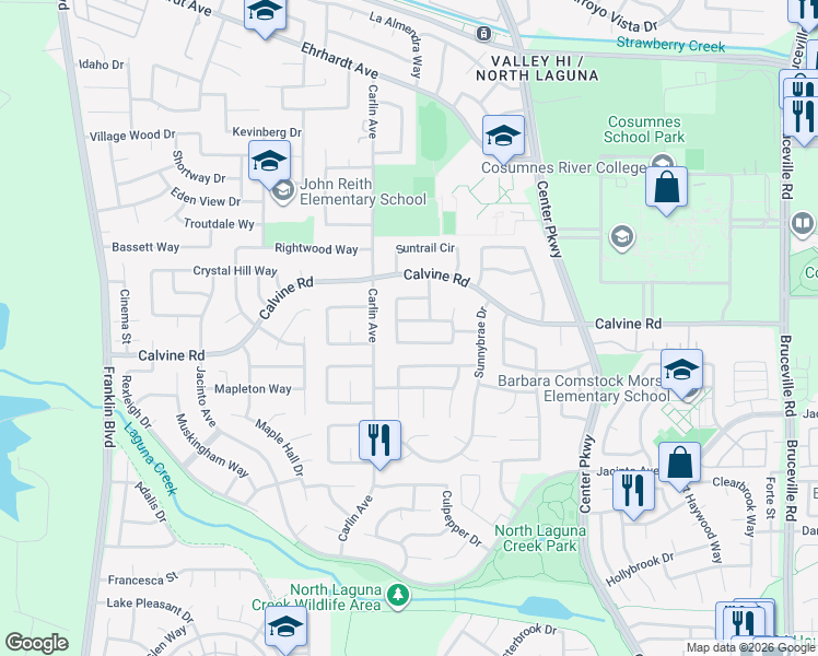 map of restaurants, bars, coffee shops, grocery stores, and more near 6056 Dayburst Way in Sacramento
