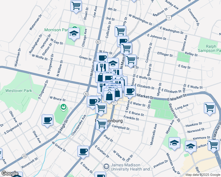 map of restaurants, bars, coffee shops, grocery stores, and more near 4110 Finn Court in Harrisonburg