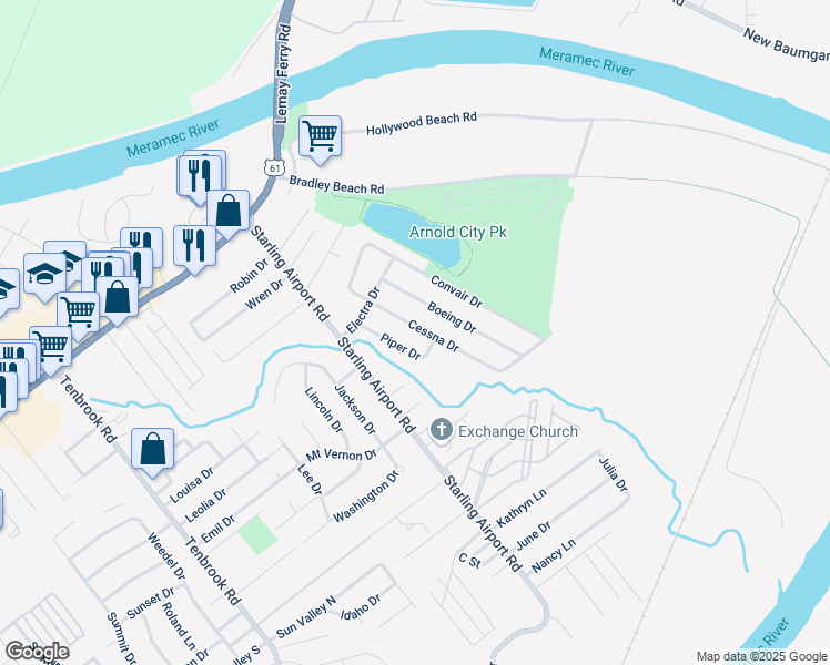 map of restaurants, bars, coffee shops, grocery stores, and more near 2283 Cessna Drive in Arnold