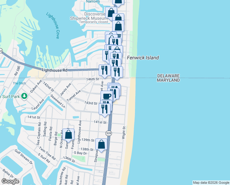 map of restaurants, bars, coffee shops, grocery stores, and more near 14401 Coastal Highway in Ocean City