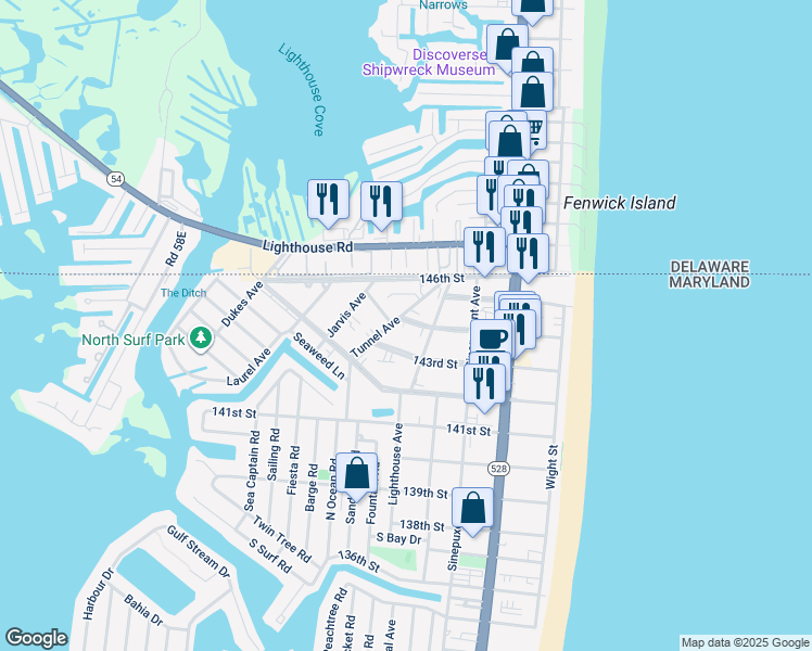 map of restaurants, bars, coffee shops, grocery stores, and more near 14306 Tunnel Avenue in Ocean City