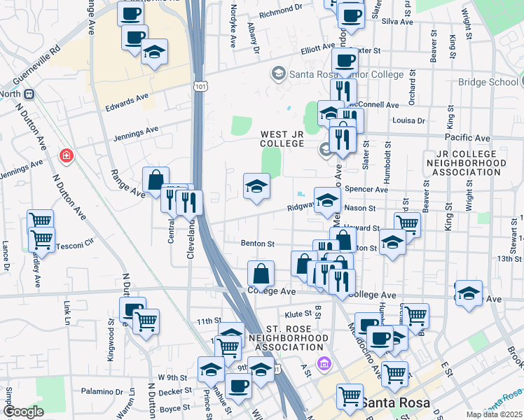 map of restaurants, bars, coffee shops, grocery stores, and more near 325 Ridgway Avenue in Santa Rosa
