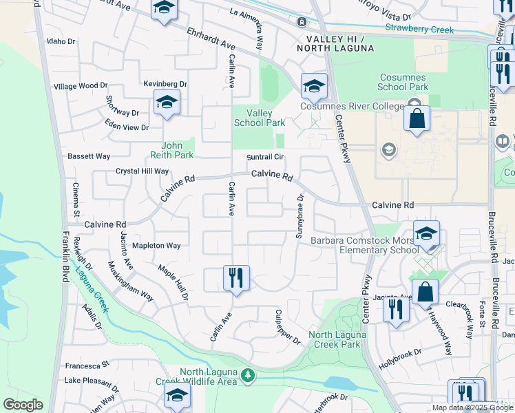 map of restaurants, bars, coffee shops, grocery stores, and more near 6056 Dayburst Way in Sacramento