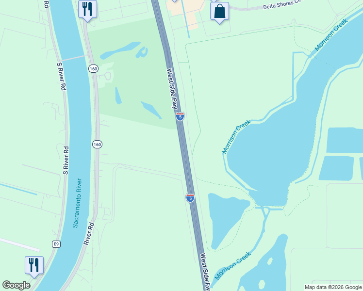 map of restaurants, bars, coffee shops, grocery stores, and more near West Side Freeway in Sacramento