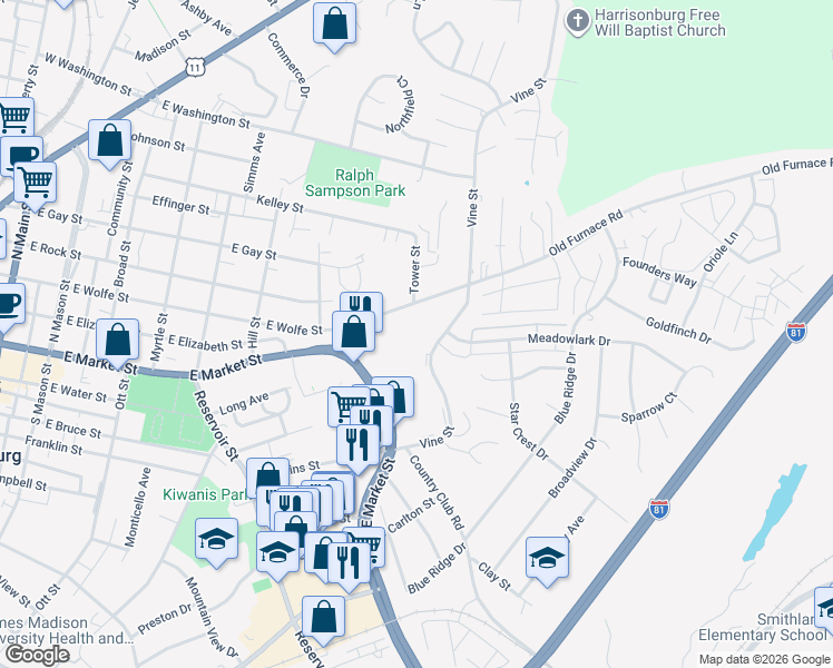 map of restaurants, bars, coffee shops, grocery stores, and more near in Harrisonburg