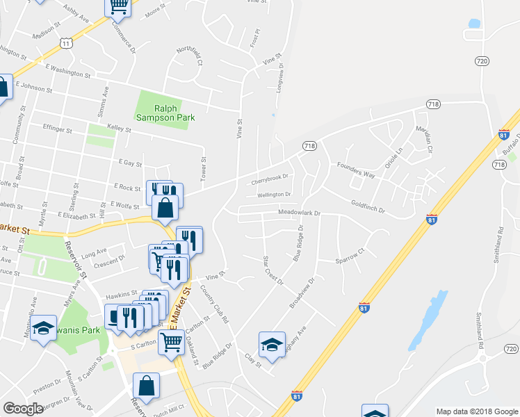 map of restaurants, bars, coffee shops, grocery stores, and more near 1036 Meadowlark Drive in Harrisonburg