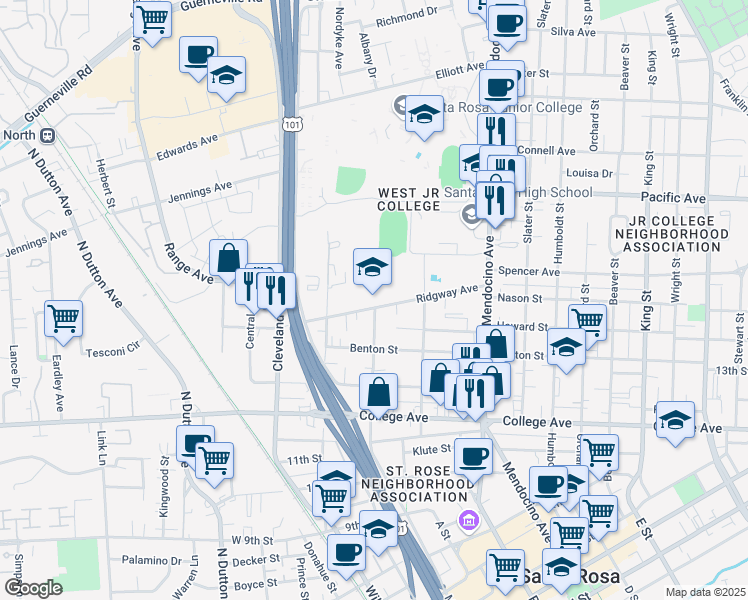 map of restaurants, bars, coffee shops, grocery stores, and more near 325 Ridgway Avenue in Santa Rosa