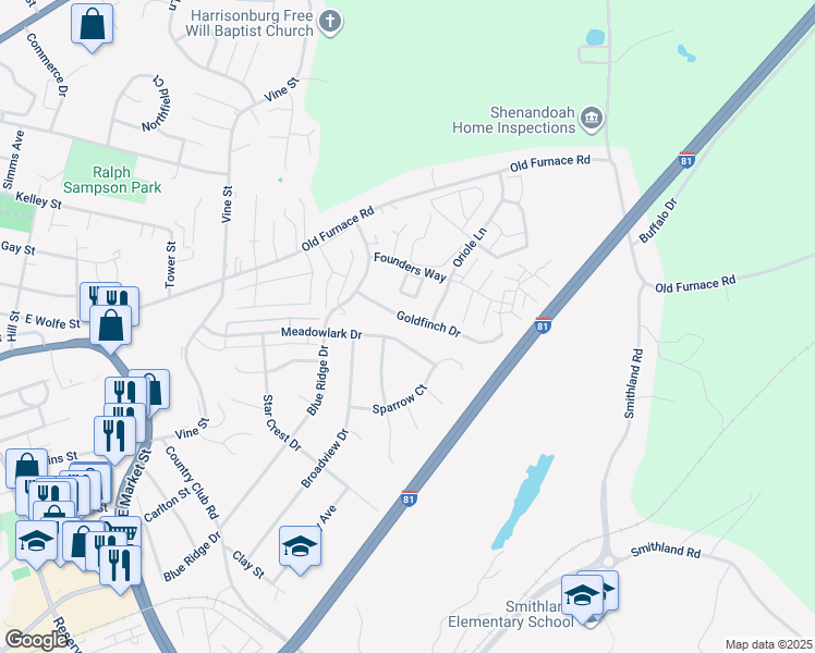 map of restaurants, bars, coffee shops, grocery stores, and more near 1253 Goldfinch Drive in Harrisonburg