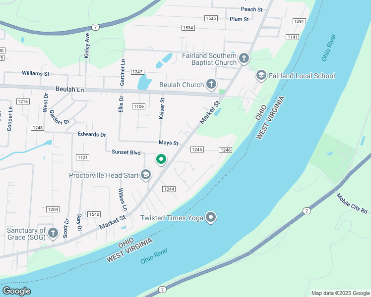 map of restaurants, bars, coffee shops, grocery stores, and more near 9666 County Road 107 in Proctorville