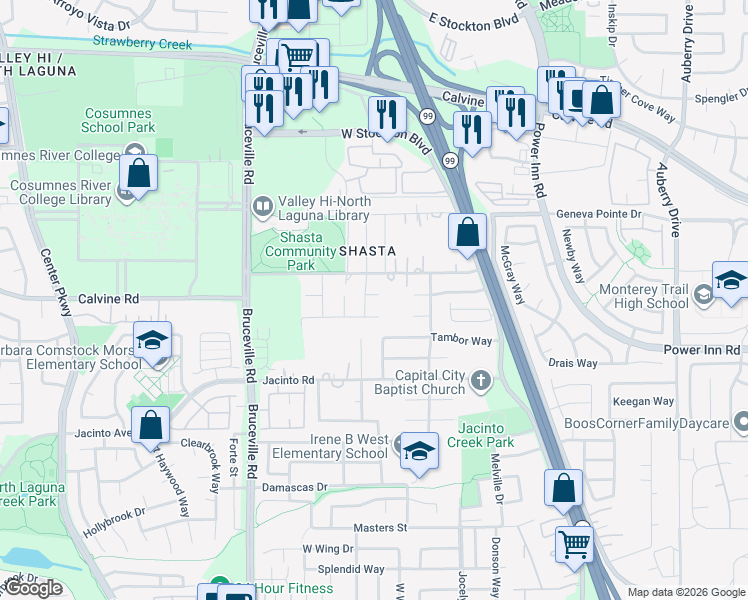 map of restaurants, bars, coffee shops, grocery stores, and more near 7716 Shasta Avenue in Elk Grove