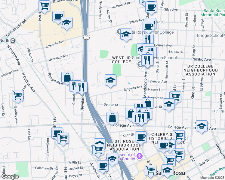 map of restaurants, bars, coffee shops, grocery stores, and more near 325 Ridgeway Avenue in Santa Rosa