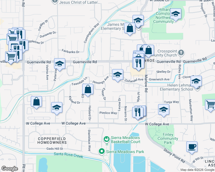 map of restaurants, bars, coffee shops, grocery stores, and more near 1182 Exeter Drive in Santa Rosa