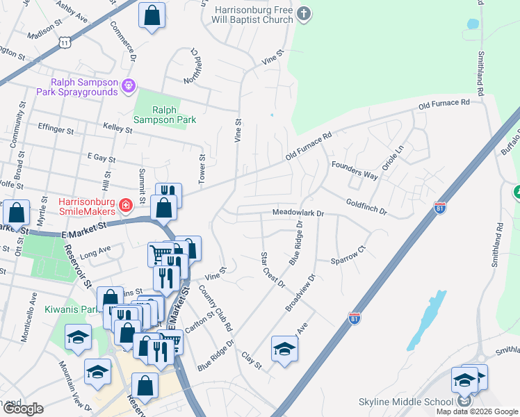 map of restaurants, bars, coffee shops, grocery stores, and more near 1036 Meadowlark Drive in Harrisonburg
