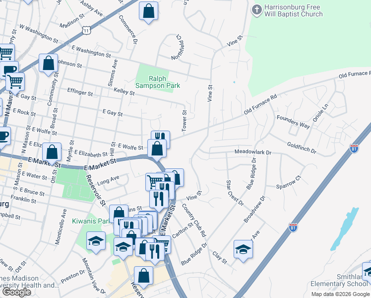 map of restaurants, bars, coffee shops, grocery stores, and more near in Harrisonburg