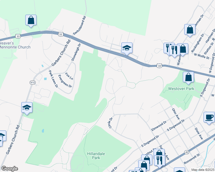 map of restaurants, bars, coffee shops, grocery stores, and more near 661 Wyndham Woods Circle in Harrisonburg