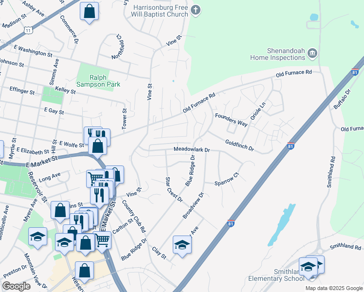 map of restaurants, bars, coffee shops, grocery stores, and more near 1066 Meadowlark Drive in Harrisonburg