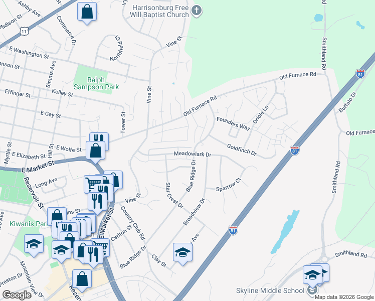 map of restaurants, bars, coffee shops, grocery stores, and more near 1057 Wellington Drive in Harrisonburg